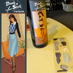 Drink 'n' Stick - a wine with a wardrobe. The label peels away to reveal clothing stickers to dress (or not) the pinup model on the front.
