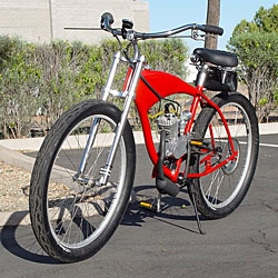 Mark Savory and Bill Johnson decided to create a modern interpretation of the Cucciolo Ducati, using a 48cc 2-stroke single cylinder and the frame from a Schwinn single-speed pushbike.