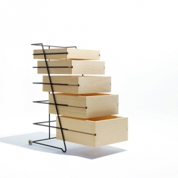 Slybox by Keiji Ashizawa are wooden drawers on a light metal frame.