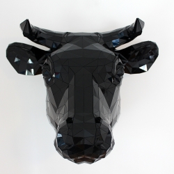 A fractured view of animal husbandry by rash, llc.  Cow Head is the first edition of the fractured husbandry series. Made of eps foam/abs plastic/ black acrylic/epoxy.