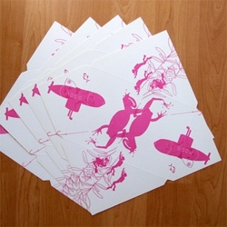PINK UNDERWATER WORLD ENVELOPES! Giant frogs, scuba divers, some submarines and many fish! A set of 5 envelopes beautifully letterpressed with splashes of the fuchsia underwater world!

