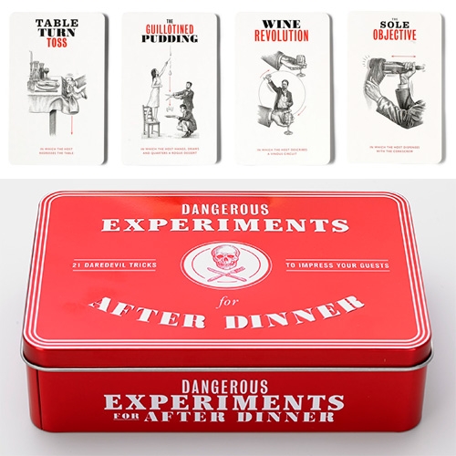 Dangerous Experiments for After Dinner - "Twenty-one beautifully illustrated cards detail each challenge, which are all based on traditional games and tricks, along with step-by-step instructions and explanations of the science behind each."
