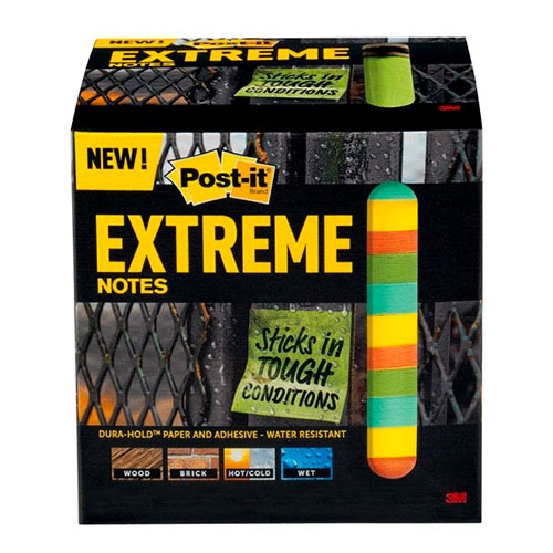 Post-it Extreme Notes! Water resistant, durable and writable. Made with ultra-strong Dura-Hold Paper and Adhesive. Sticks to textured surfaces and in tough conditions. Sticks in hot and cold environments.