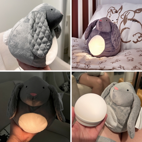 IKEA PEKHULT - fat bunny with quilted ears and glowing belly night light, is the perfect toddler night light - click on/off, 15min auto shut off, and a nice not too bright yellow glow. (It's basically the 6$ KORNSNÖ inside the velcro pocket)