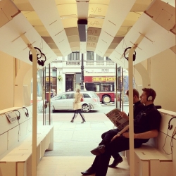 London based architecture practice 00:/ create an interactive CNC cut plywood tube train, part of the RIBA Regent Street Windows Project 2012.
