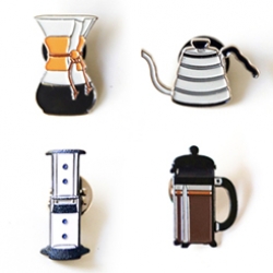 The Mayven Coffee Lapel Pins... there really are enamel pins for EVERYTHING these days. For coffee aficionados here are chemex, aeropress, french press, and more...