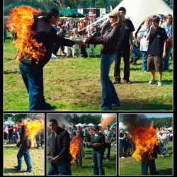 At a marketing action, the man on flames speaks about prevention of accidents at family barbecues. 