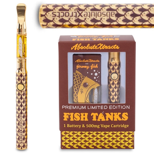 ABX and Jeremy Fish limited edition Fish Tanks Cannabis Vape Set! Custom Gold Fish Scale battery, Premium Gold-tipped ABX Tangie cartridge (with fish!), collector's edition packaging, and velvet vape carrying case.