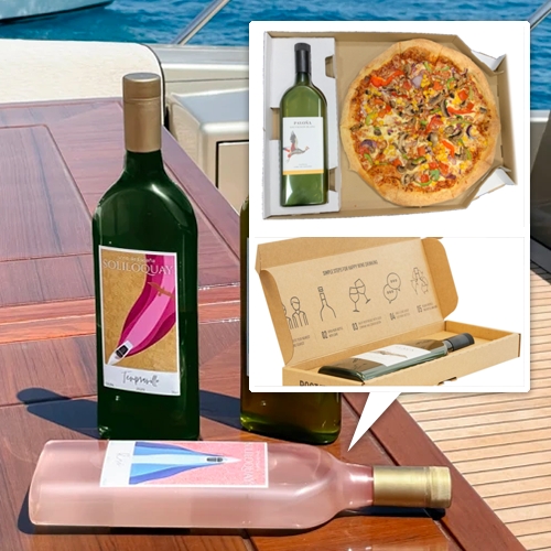 Fascinating 100%-recycled PET flat plastic wine bottles from Garçon Wines/Packamama. The single bottle mailer and wine/pizza box are surprising too.
