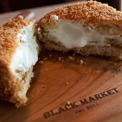 Deep Fried Fluffernutter ~ Studio City's Black Market Liquor Bar serves up interesting cocktails and features a delicious menu from Top Chef's Antonia Lofaso. It's full of gems like deviled quail eggs and deep fried peanut butter and fluff sandwiches!