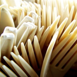 Plastic-looking biodegradable cutlery made from 80% potato starch and 20% soy oil. Yum. 