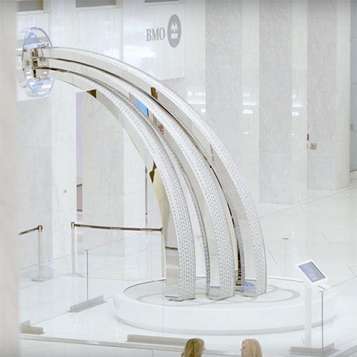 The BMO200 Fountain celebrates 200 years of the Bank of Montreal. 17’ tall, massive interactive kinetic sculpture of over 50,000 flip dots allows viewers to make a wish through their mobile devices and BMO will grant a variety of wishes. 