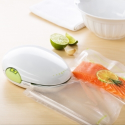 smallest vacuum sealer sucks air out of a pin-sized zip-top bag.  Frisper keeps food fresh and reduces waste with zip-top bags ++
