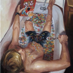 I came across this young artist and his painting called"Breakfast" I found out that he actually filled a  bath tub with real milk, and is working of a series of food fetish paintings. 