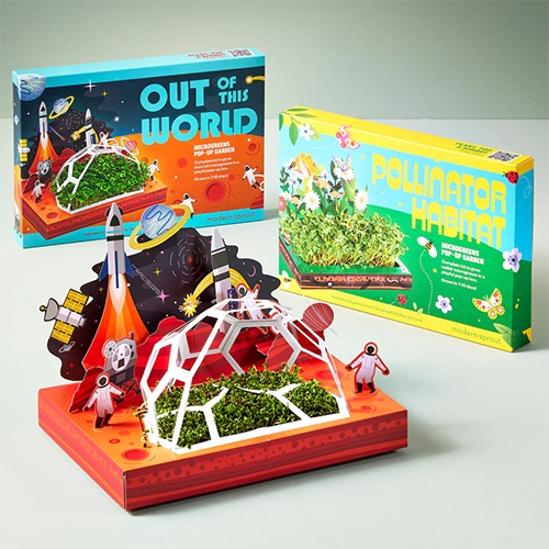 Modern Sprout Microgreens Pop Up Kits! Out of this world and Pollinator Habitat kits you just pop and water.
