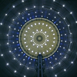 Looking up into the Oberhausen Gasometer, a 430' high renovated gas storage-facility turned exhibition hall. From our top ten conversions of historical and military structures. 