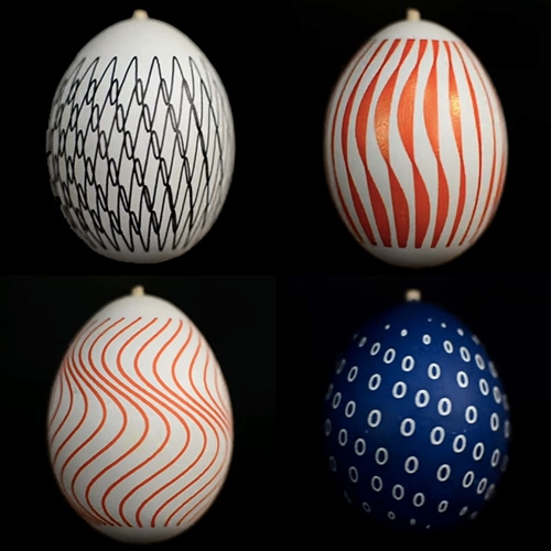Eggstatic – stroboscopic patterns for Easter eggs by Jiri Zemanek. This video will make your Easter! Using some Matlab and an Eggbot, these marker doodles on eggshells come to life when spun at just the right speed...