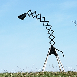 'Giraffe' floor lamp by BERNHARD | BURKARD, lever of the lamp works by a system of scissors on a curved shape.   