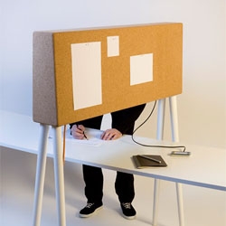 GIRAFFE by Kawamura Ganjavian, is a portable spatial divider that creates a visual enclosure without interfering with the general openness of a room. It is also a pin board and a hub for wired ethernet/electrical connections.