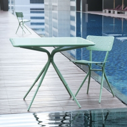 Grasshopper: a range of metal garden furniture designed by Dutch designer Wieki Somers for French brand Tectona. The collection consists of two tables and a chair made of  steel and aluminium, powder-coated in light green.

