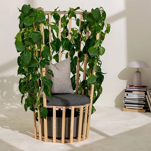 The HORNBACH WERKSTÜCK Edition 004 Green Hideaway by HeimatTBWA and Swedish designers Front/ - A plant trellis interior chair (that reminds me of our passion fruit bench/trellis!) 