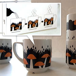 Molnár Réka’s Moringa Color Changing Mugs (and the most adorable fox tea towel) ~ add hot water to see the mushrooms grow ~ leaves turn into birds ~ rabbits appear ~ and more! The videos show how magical it is!