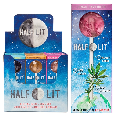 Half Lit Cannabis Lollipops have a cannabis seed in the stick! Fun packaging and product idea. Nice hemispherical lollipop shape.