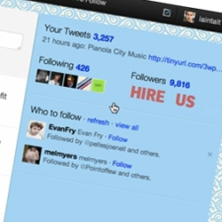 HIRE US - the Twitter Job Hustle, where 5 twitter accounts were used to scream the message "HIRE US" on Creative Director's twitter pages... see the video. (And apparently it worked)