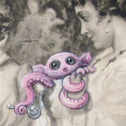 'The first sight of his son and heir' is the latest of ItchySoul's upcycled artworks: a baby creature painted on top of paper print from The Illustrated London News Christmas Number, 1915.