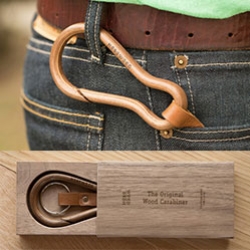 Hobowood makes bent wood carabiners. Lovely packaging details. 17 layers of pressed wood veneers, molded and shaped by hand by Xabier Ferro.