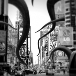 Anthony Hibbert modifies black and white pictures to make it seem that a tentacled monster is invading New York.