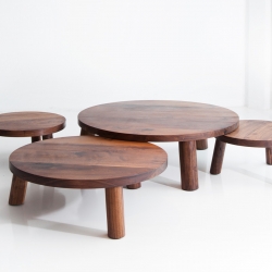 Christian Woo's Trifecta Tables. Circular modular tables reinterpret mid-century modern shapes. Available in single units or as sets.