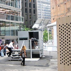 MOMA's Home Delivery exhibition part 2 is located outside the museum on a vacant lot. For this part of the exhibition MOMA commissioned 5 prefabricated homes, which you can walk through...
