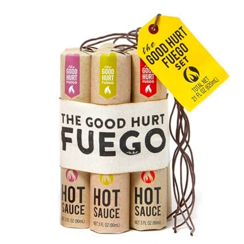 The Good Hurt Fuego Hot Sauce Set. Great packaging with the sticks of dynamite look.