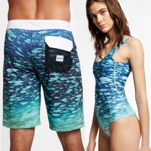 Hurley x Clark Little Collection -  great school of fish print on the phantom board shorts, quick dry body suit, tshirt, and a hat. 