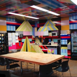 The head offices of Hurley represent a collaboration with Dalek (James Marshall) and are filled with bright colors and geometric shapes.