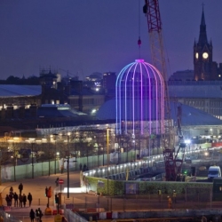 'IFO' (Identified Flying Object) by French artist and architect Jacques Rival lights up the sky by night and comes to rest on the ground by day, an art programme for the King’s Cross redevelopment.