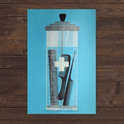 Barbicide Jar Print by Human Shaped Robot. Now you can pay tribute to that magical blue goo that keeps your combs clean with a hand printed, 3 color screen print.

