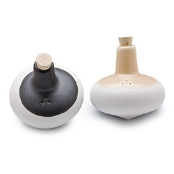 Spinning Top Salt & Pepper shakers ~ Christopher Stiles' sculptural salt and pepper shakers, handmade from twice-fired porcelain and natural cork stoppers in California. 
