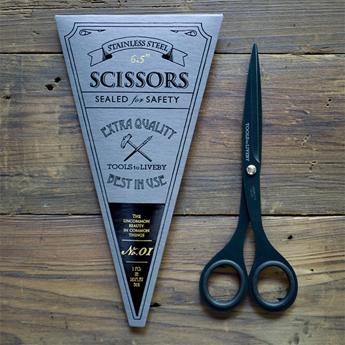 Tools To Live By Black Scissors - The 6.5" scissor is made from Japanese stainless steel with a universal size. The black part has Teflon coating on it. Lovely packaging details and design!
