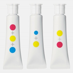 Japanese designer duo Yusuke Imai and Ayami Moteki have created a set of “Nameless Paints” whose colors are simply identified with visual depictions of the primary colors mixed inside.