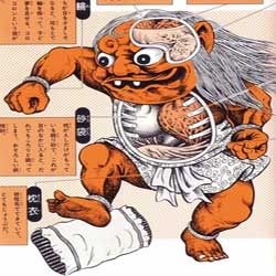 Yōkai Daizukai, an illustrated guide to yōkai authored by manga artist Shigeru Mizuki, features a collection of cutaway diagrams showing the anatomy of 85 traditional monsters from Japanese folklore. 