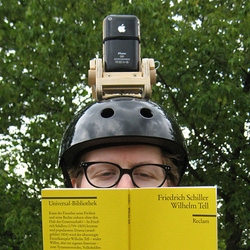 'Wilhelm Tell 2.0' by Johannes P. Osterhoff is a game where each player wears an iPhone on the head trying to hit each other’s device with balls. 