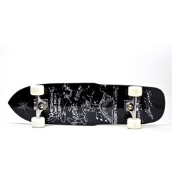 Limited edition skateboard decks by Steve Olson and Harry Jumonji. The deck has a unique shape and a shiny black base. Each deck is signed and numbered using silver Krink ink pens, Independent Trucks and 78 Ricta cloud wheels.