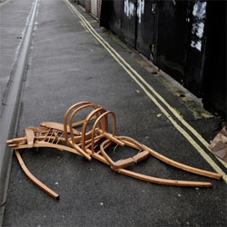 Haunting 'Body' by Karen Ryan. The installation spread throughout Portsmouth is composed of discarded chair frames zip tied together to resemble a human skeleton.