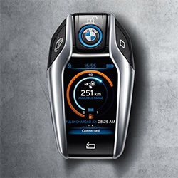 BMW i8 Key has an LCD screen on it to tell you if the car is locked, your available range, and how much charge you have.