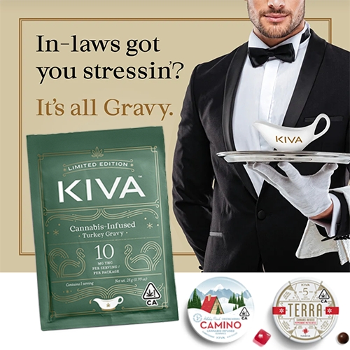 KIVA Confections is holiday ready as we dive into Thanksgiving week (prime time for dispensaries!) From Kiva Cannabis-Infused Gravy, to the cutest tin for the Camino "Holiday Punch" Gummies, and Terra 'Cured Rosin' Peppermint Pattie Bites.