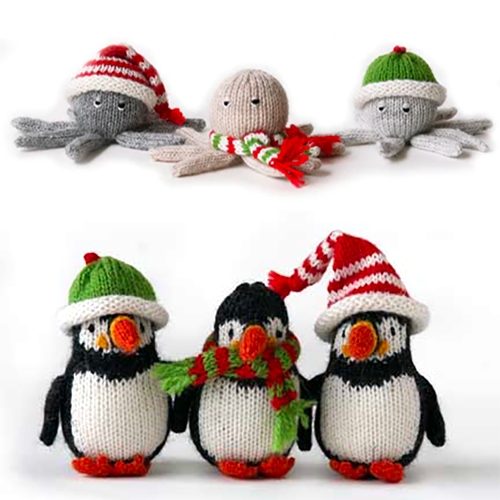 Melange Collection knit ornaments - cute little octopus and puffins in wintry hats.