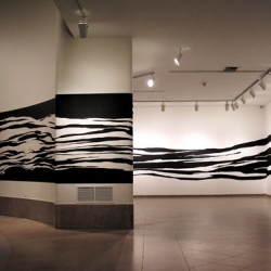 A site-specific installation at the Brooklyn Museum asks us to reconsider an unlikely material, matte black masking tape, which she uses in such quantities that she has it custom made in a variety of widths.