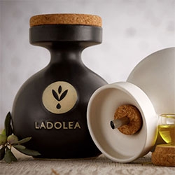 Ladolea Olive Oils from Greece care as much about their olive oil as their packaging. Inspired by the ancient Corinthian pot 'Aryballos' they come in a pot with both cork top and cork pourer.
